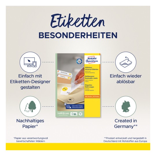 Slika prikazuje listu s etiketama proizvoda Avery Zweckform, ističući značajke poput jednostavnog dizajna, uklonjivih etiketa i papira iz održivih izvora. Tekst je na njemačkom jeziku, navodeći da su etikete prikladne za različite namjene i proizvedene u Njemačkoj.