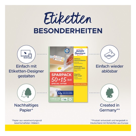 Slika prikazuje ambalažu proizvoda Avery Zweckform etiketa, ističući značajke kao što su jednostavan dizajn s online alatom, naljepnice koje se mogu ukloniti i održivi papir. Također spominje posebnu ponudu od 50+15 listova te da je proizvod proizveden u Njemačkoj.