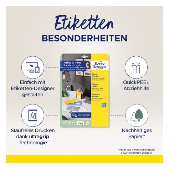 Slika prikazuje paket Avery adresnih naljepnica dizajniranih za uredsku i kućnu upotrebu, s raznim istaknutim značajkama poput jednostavnog dizajna s dizajnerom naljepnica, QuickPEEL funkcije i održivog papira. Naglašava kompatibilnost sa svim pisačima.