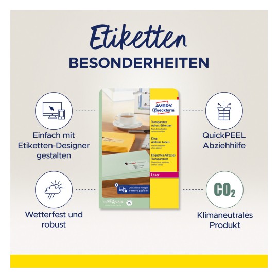 Slika prikazuje oglas za Avery prozirne adrese naljepnice s istaknutim značajkama, uključujući jednostavan dizajn, otpornost na vremenske uvjete, QuickPEEL pomoć i klimatsku neutralnost.