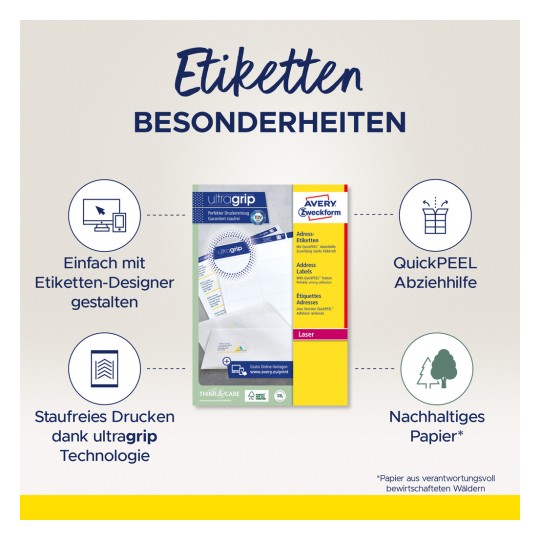 Slika prikazuje pakiranje za Avery Zweckform ultra grip naljepnice, ističući značajke poput jednostavnog dizajna, QuickPEEL pomoći i održivog papira. Naglašava kompatibilnost s laserskim pisačima i rješava upotrebljivost naljepnica.