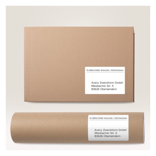 Slika prikazuje smeđu kuvertu i smeđu tubu, oboje označene imenom 'Avery Zweckform GmbH' i adresom.