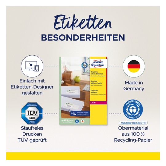 Slika prikazuje oglas za proizvod Avery recikliranih adresnih naljepnica, ističući značajke poput izrađenosti od 100% recikliranog papira i TÜV certifikata za laserske pisače. Uključuje alat za dizajn za jednostavnu prilagodbu.