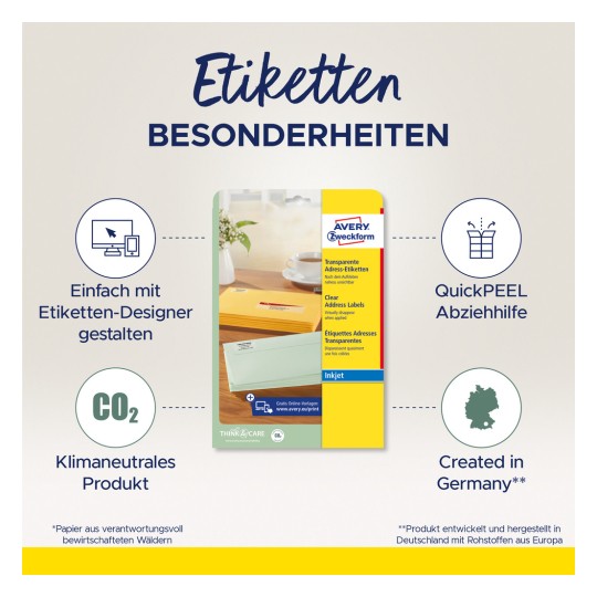 Slika prikazuje ambalažu za Avery Zweckform prozirne adresne naljepnice. Naglašava značajke kao što su jednostavan dizajn s online alatom, CO2 neutralnost i jednostavno uklanjanje QuickPEEL. Proizvod je označen kao proizveden u Njemačkoj.