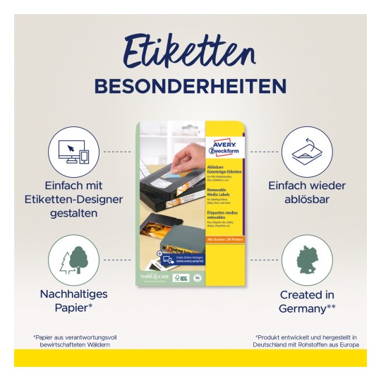 Slika prikazuje oglas za proizvod za uklonjive medijske naljepnice marke Avery Zweckform. Ističe značajke poput jednostavnog dizajna s dizajnerom naljepnica, uklonjive naljepnice, korištenje održivog papira i činjenicu da je proizvod izrađen u Njemačkoj.