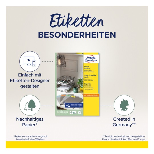 Slika prikazuje reklamu za šarene organizacijske naljepnice tvrtke Avery Zweckform. Ističe jednostavan proces dizajniranja pomoću dizajnera naljepnica, održivi papir i proizvod koji je stvoren u Njemačkoj.