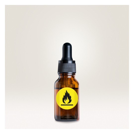 Slika prikazuje smeđu staklenu bocu s kapaljkom na vrhu, s naljepnicom žute boje s prikazom plamena, što sugerira da sadrži zapaljivu tvar.