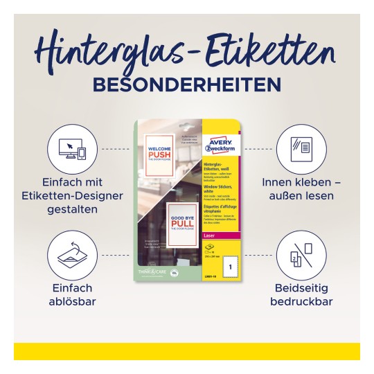 Slika prikazuje pakiranje proizvoda za 'Hinterglas-Etiketten' od tvrtke Avery, ističući njegove značajke poput jednostavnog dizajniranja pomoću urednika, mogućnosti uklanjanja te mogućnosti ispisa s obje strane. Uključuje upute za postavljanje etiketa tako da se mogu čitati izvana.