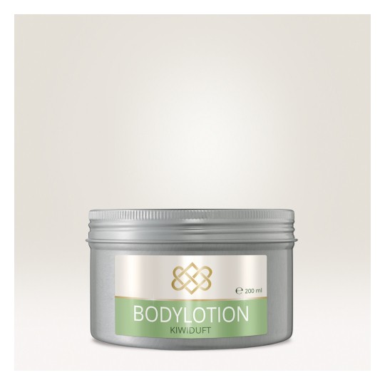 Slika prikazuje srebrnu posudu s losionom za tijelo s oznakom 'BODYLOTION KIWIDUFT' koja označava da sadrži 200 ml.