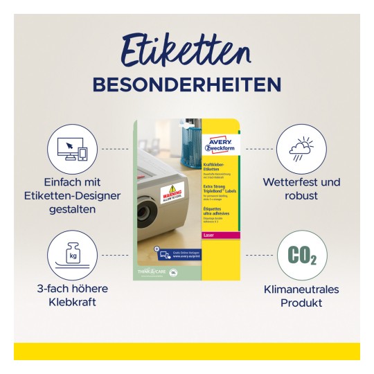 Slika prikazuje naljepnice koje prodaje Avery, ističući ključne značajke kao što su jednostavan dizajn s online dizajnerom naljepnica, snažno ljepilo, otpornost na vremenske uvjete i klimatsku neutralnost. Također je prisutna i naljepnica s upozorenjem 'DOZVOLITE DA SE OHLADI'.