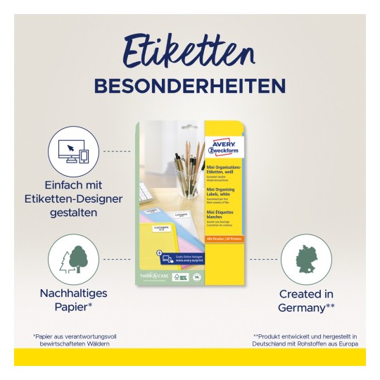 Slika prikazuje pakiranje za Avery Zweckform Mini etikete za organiziranje, sadrži mogućnosti dizajna, informacije o održivom papiru i bilješku o proizvodnji u Njemačkoj.