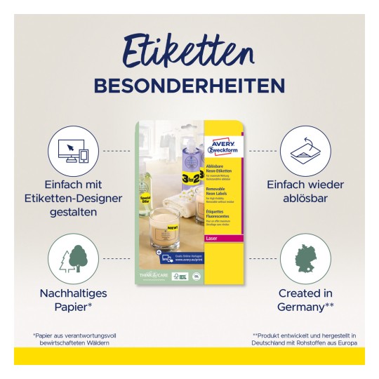 Slika prikazuje dizajn ambalaže proizvoda za uklonjive neon etikete tvrtke Avery Zweckform, ističući njegove karakteristike i održive materijale.