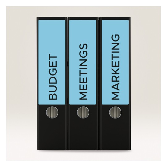 Slika prikazuje tri crna registratora s oznakama 'BUDGET', 'MEETINGS' i 'MARKETING', s plavim oznakama na hrptima.