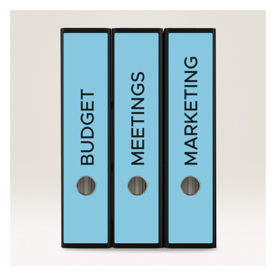 Slika prikazuje tri plave registratore označene 'PRORAČUN', 'SASTANCI' i 'MARKETING'. Registratori su uredno posloženi jedan pored drugoga, s jasnim crnim tekstom na oznakama koji ukazuju na njihov sadržaj, na svijetloj pozadini.