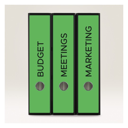 Slika prikazuje tri zelene registratore označene s 'PRORAČUN', 'SASTANCI' i 'MARKETING'. Poredani su jedan pored drugoga, jasno prikazujući njihove naslove.