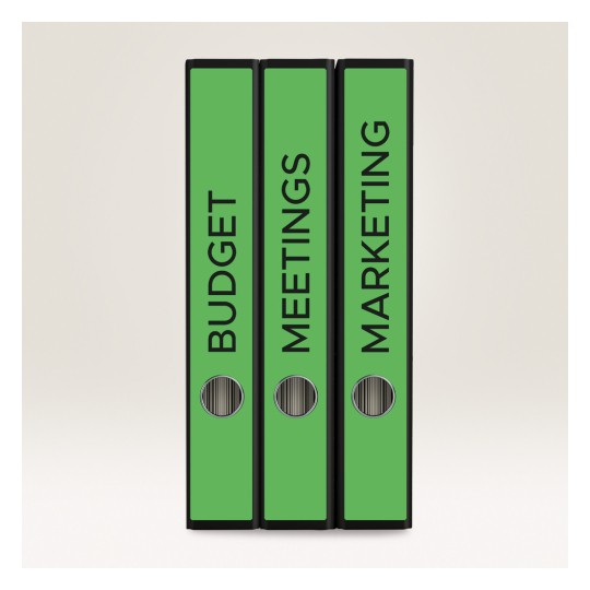 Slika prikazuje tri zelene registratore označene s 'PRORAČUN', 'SASTANCI' i 'MARKETING'.