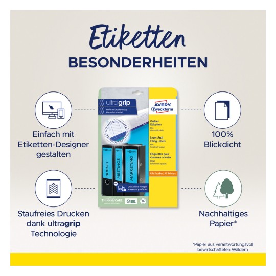 Slika prikazuje proizvod pod nazivom 'Ultragrip' proizvođača Avery, s detaljima o upotrebljivosti naljepnica, uključujući značajke poput 100% vidljivosti, kompatibilnosti s pisačima i ekološki prihvatljivog papira. Prikazuje različite dijelove o izradi naljepnica i korištenoj tehnologiji ispisa.