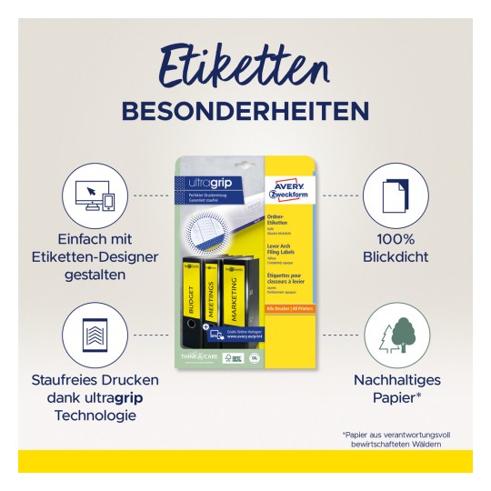 Slika prikazuje pakiranje proizvoda Avery Zweckform ultra grip naljepnica za arhiviranje. Ističe značajke kao što su jednostavan dizajn, 100% neprozirnost, ispis bez zastoja i održiv papir.