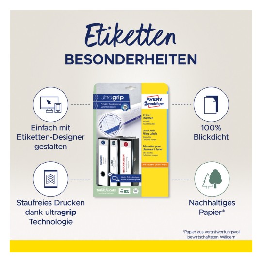 Slika prikazuje pakiranje za Avery Zweckform 'ultragrip' etikete za arhiviranje. Ističe značajke kao što su jednostavno dizajniranje s pomoću kreatora etiketa, 100% neprozirnost i održiv papir. Dizajn uključuje ikone koje označavaju tehnologiju ispisa i ekološku odgovornost.