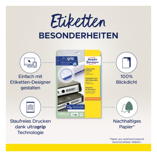 Slika prikazuje pakiranje proizvoda za Avery Zweckform etikete, ističući značajke poput jednostavnog dizajna s dizajnerom etiketa, ultra grip tehnologiju za besprijekorno printanje i održivi papir dobiven iz odgovorno upravljanih šuma.