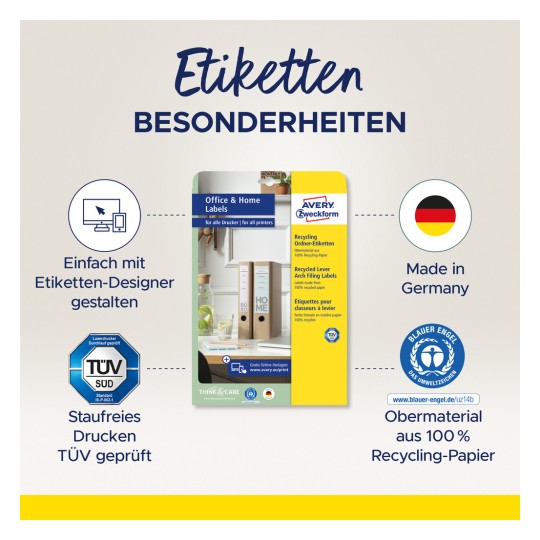 Slika prikazuje paket Avery naljepnica dizajniranih za korištenje u uredu i kod kuće, ističući značajke poput recikliranja, kompatibilnosti s pisačima i logotipa certifikata.