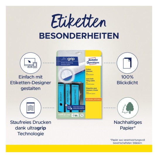 Slika je reklama za Avery Zweckform ultra grip naljepnice za arhiviranje. Naglašava značajke poput jednostavnog dizajna s online alatom, tiska bez zastoja, 100% neprozirnost i korištenje održivog papira.