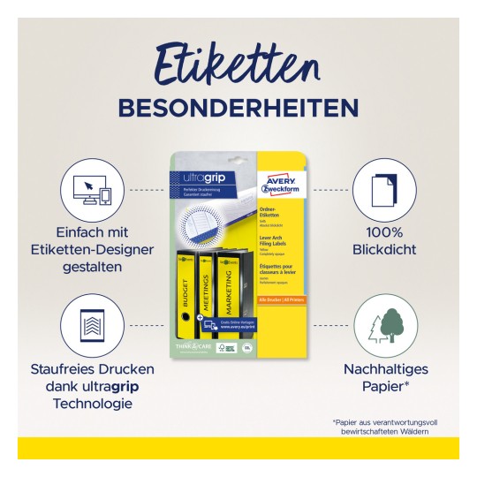 Slika prikazuje ambalažu proizvoda Avery Zweckform ultra grip etikete, ističući značajke kao što su jednostavan dizajn, 100% prozirnost i održivi papir. Također se spominje tehnologija koja omogućuje ispis bez zaglavljivanja papira.