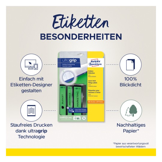 Ova slika prikazuje pakiranje za 'ultragrip' naljepnice za arhiviranje tvrtke Avery Zweckform. Ističe značajke poput jednostavnog dizajna, tehnologije ispisa bez zaglavljivanja i korištenja održivog papira, uz ilustracije računala i naljepnica.