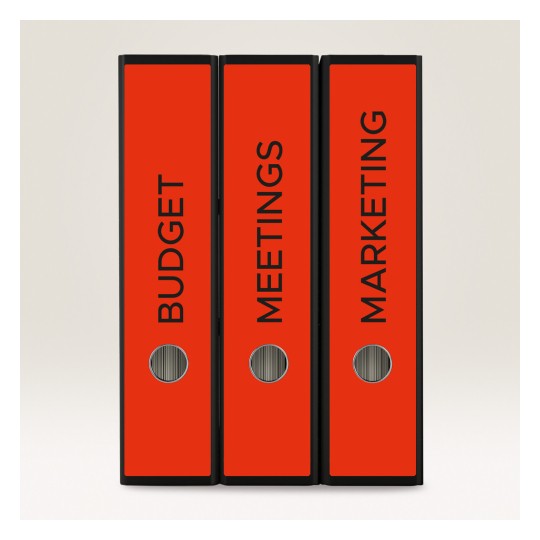 Slika prikazuje tri crvena registratora s natpisima 'PRORAČUN', 'SASTANCI' i 'MARKETING', organizirane u redu.