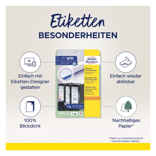 Slika prikazuje ambalažu za uklonjive naljepnice tvrtke Avery, naglašavajući značajke kao što su jednostavan dizajn, 100% vidljivost, ponovna upotreba i korištenje održivog papira.