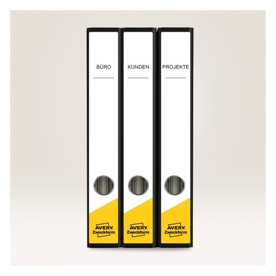 Slika prikazuje tri crna registratora označena s 'BÜRO', 'KUNDEN' i 'PROJEKTE'. Namijenjeni su za uredsku upotrebu, vjerojatno za organizaciju dokumenata.