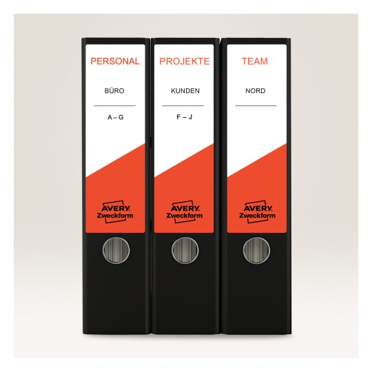 Slika prikazuje tri crna registra s naljepnicama na njemačkom: 'PERSONAL', 'PROJEKTE' i 'TEAM'. Svaki registar ima različitu kategoriju, s detaljno označenim potkategorijama. Registari imaju prepoznatljiv crveno-bijeli dizajn i označeni su markom 'Avery Zweckform'.