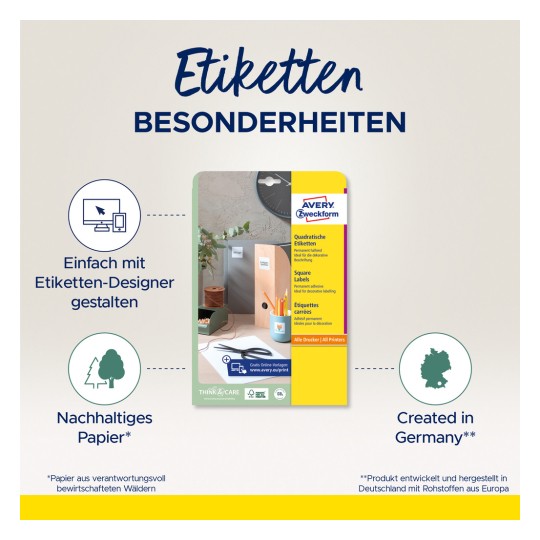 Slika prikazuje kvadratne naljepnice tvrtke Avery Zweckform. Istaknute su značajke poput jednostavnog dizajniranja pomoću online alata, održivog papira i činjenica da je proizvedeno u Njemačkoj. Vizualni elementi uključuju radni prostor s materijalima za označavanje.