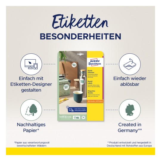 Slika prikazuje pakiranje proizvoda za okrugle naljepnice marke Avery Zweckform, s informacijama o jednostavnosti dizajna, uklonjivim naljepnicama, održivom papiru i proizvodnji u Njemačkoj.