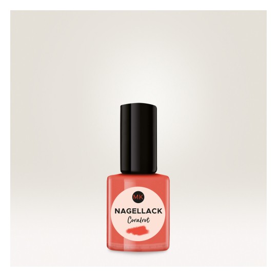 Slika prikazuje bocu laka za nokte s crnim čepom i koraljno crvenom bojom, označenu s 'Nagellack Coralrot'.