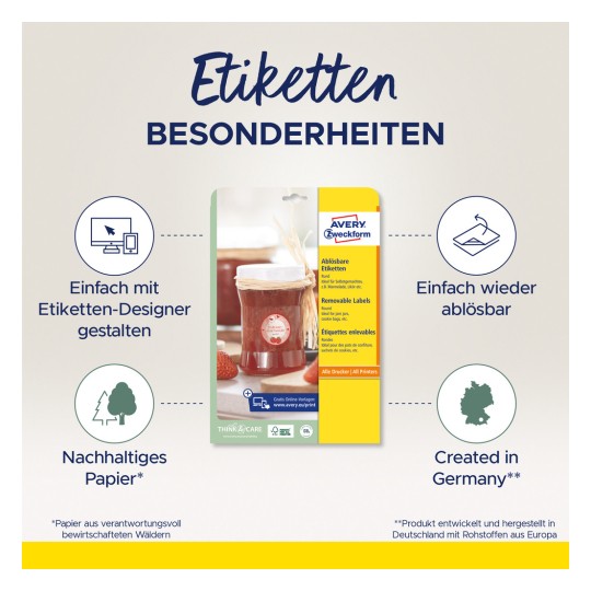 Slika prikazuje pakiranje za prijenosne naljepnice tvrtke Avery Zweckform, ističući značajke kao što su jednostavan dizajn pomoću online alata, mogućnost ponovne uporabe, održivi papir i proizvodnja u Njemačkoj.