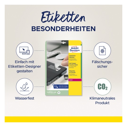 Slika prikazuje pakiranje proizvoda za sigurnosne naljepnice protiv neovlaštenog otvaranja tvrtke Avery Zweckform. Istaknute su značajke kao što su jednostavan dizajn s online dizajnerom naljepnica, vodootporna kvaliteta, zaštita od krivotvorenja i CO2 neutralnost.