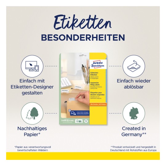 Slika prikazuje ambalažu za Avery Zweckform etikete, ističući značajke kao što su jednostavan dizajn s dizajnerom etiketa, uklonjive etikete i održiv papir iz odgovorno upravljanih šuma. Također se napominje da je proizvod napravljen u Njemačkoj.