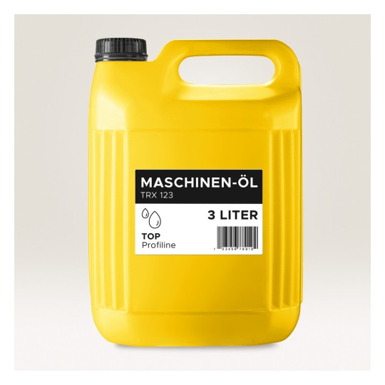 Slika prikazuje žutu plastičnu posudu s oznakom 'Maschinen-Öl', što je strojno ulje, kapaciteta 3 litre. Ima crni čep i barkod na etiketi.