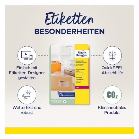 Slika prikazuje ambalažu proizvoda za prozirne naljepnice za dostavu od Averija, ističući značajke kao što su pomoć pri dizajnu, otpornost na vremenske uvjete, jednostavno skidanje i ekološka prihvatljivost.
