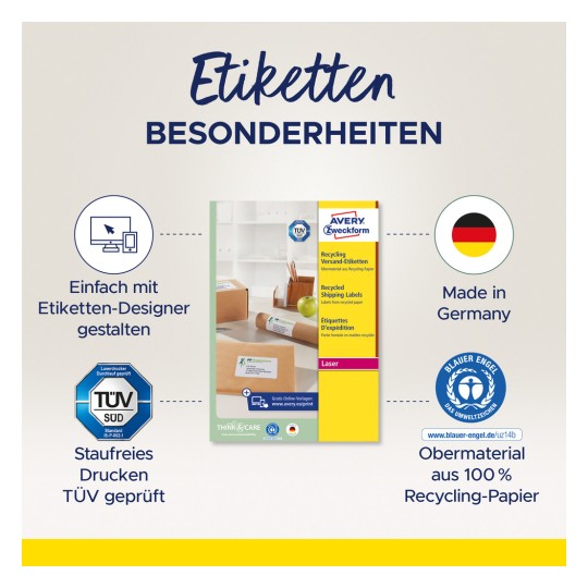 Slika prikazuje dizajn etikete proizvoda za reciklirane naljepnice za slanje tvrtke Avery Zweckform. Ističe karakteristike kao što su proizvedeno u Njemačkoj, TÜV certifikacija i korištenje 100% recikliranog papira. Prisutan je vizualni sadržaj poput ikone računala i kutija proizvoda, zajedno s logotipima koji označavaju kvalitetu i usklađenost s recikliranjem.