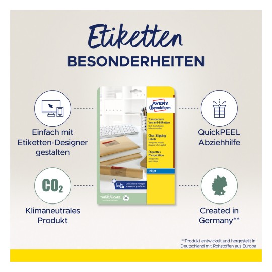 Slika prikazuje brošuru proizvoda za Avery Zweckform prozirne naljepnice za slanje, ističući značajke poput jednostavnosti dizajna uz pomoć njihovog dizajnera naljepnica, CO2 neutralnosti, QuickPEEL asistencije za jednostavno odljepljivanje i činjenice da je proizvedeno u Njemačkoj.