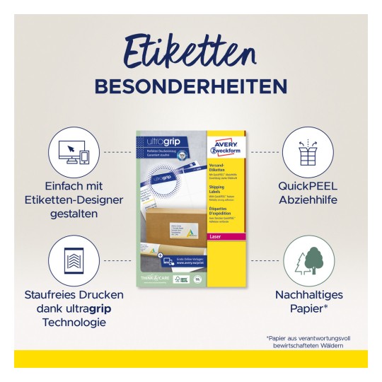 Slika prikazuje pakiranje Avery Zweckform ultra grip naljepnica za dostavu, ističući značajke kao što su jednostavan dizajn, ispis bez zaglavljivanja, QuickPEEL uklanjanje naljepnica i upotreba održivog papira.