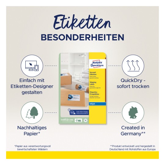 Slika prikazuje pakiranje za Avery naljepnice za otpremu, ističući značajke kao što su QuickDry tehnologija, održivi papir i jednostavnost dizajniranja pomoću online alata. Navodi se da je proizvod napravljen u Njemačkoj.