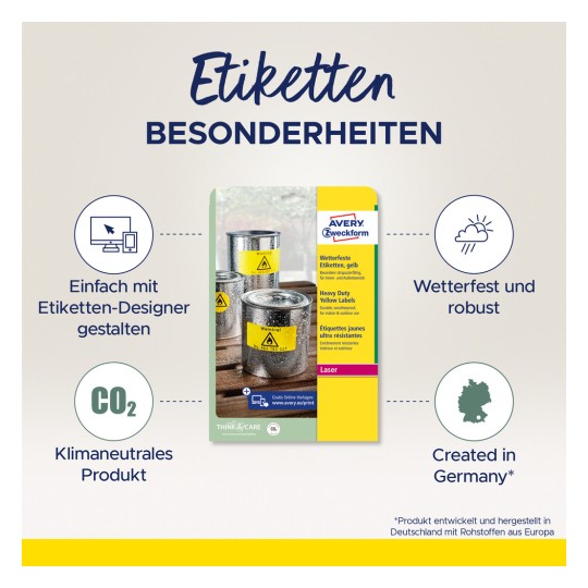 Slika prikazuje naljepnice tvrtke Avery Zweckform, koje su otporne na vremenske uvjete i namijenjene za tešku uporabu. Naglašava jednostavnost dizajniranja pomoću dizajnera naljepnica, CO2 neutralnost i činjenicu da je proizvod napravljen u Njemačkoj.