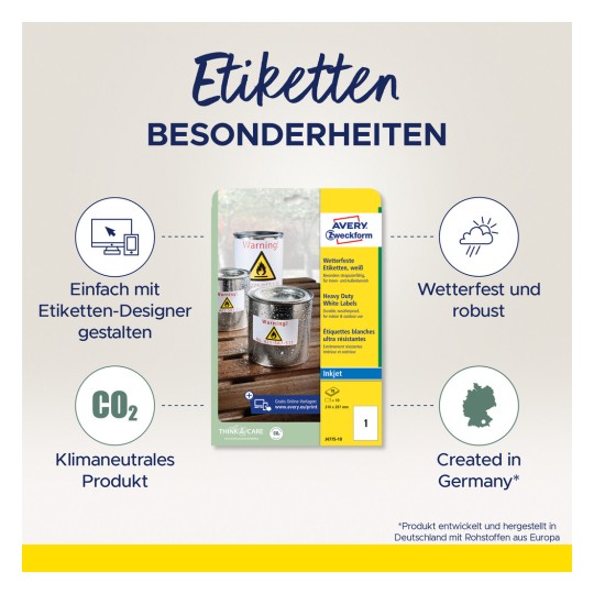 Slika prikazuje vodootporne karakteristike naljepnica Avery Zweickform proizvoda, ističući jednostavnost dizajna, klimatsku neutralnost i robusne kvalitete.