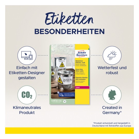 Slika prikazuje ambalažu proizvoda za Avery Zweckform izdržljive, vremenski otporne naljepnice. Uključuje detalje o jednostavnim opcijama dizajna i ekološkoj prihvatljivosti, ističe karakteristike poput otpornosti na vremenske uvjete i klimatske neutralnosti, uz napomenu o proizvodnji u Njemačkoj.