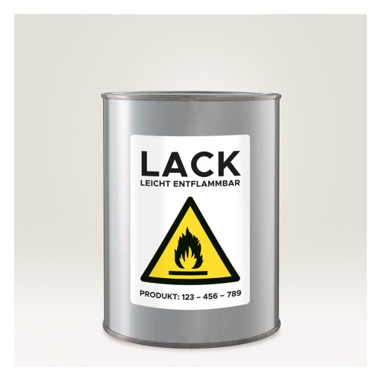 Slika prikazuje metalnu limenku s etiketom na kojoj piše 'LACK LEICHT ENTFLAMMBAR', što znači da sadrži zapaljivu tvar. Na etiketi je također vidljiv simbol upozorenja za vatru.