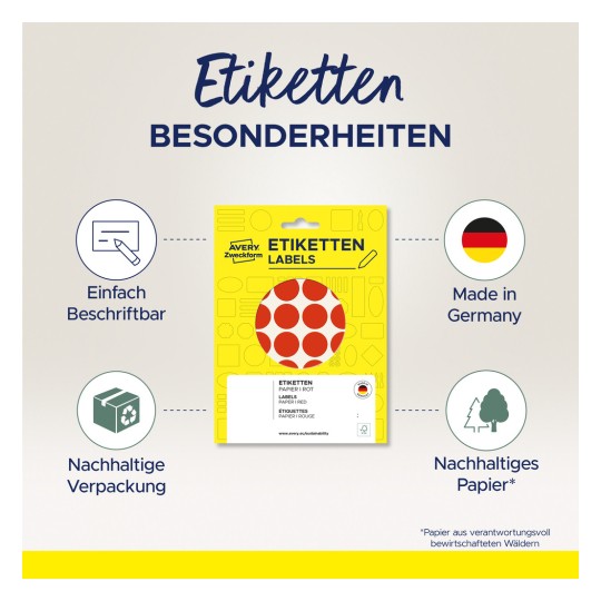 Slika prikazuje ambalažu proizvoda za Avery naljepnice, ističući značajke poput jednostavnog označavanja, održivosti i činjenice da je proizvedeno u Njemačkoj.