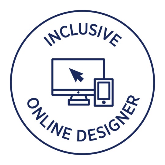 Slika prikazuje kružni dizajn s riječima 'Inclusive Online Designer' oko grafike monitora računala i pametnog telefona, s pokazivačem strelice na monitoru.